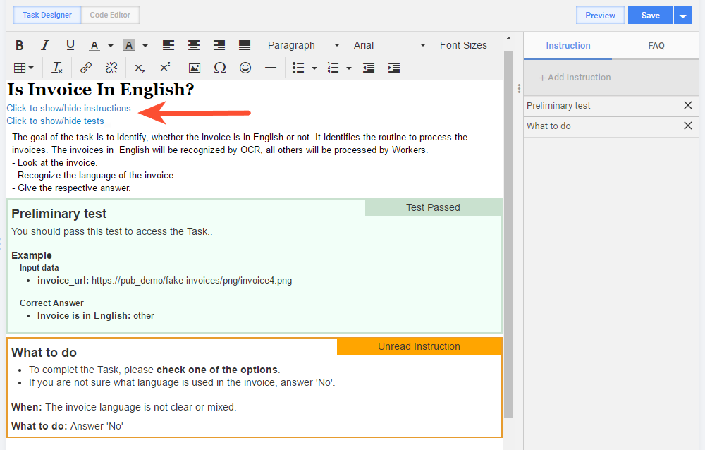 Task Design with Instructions and Tests
