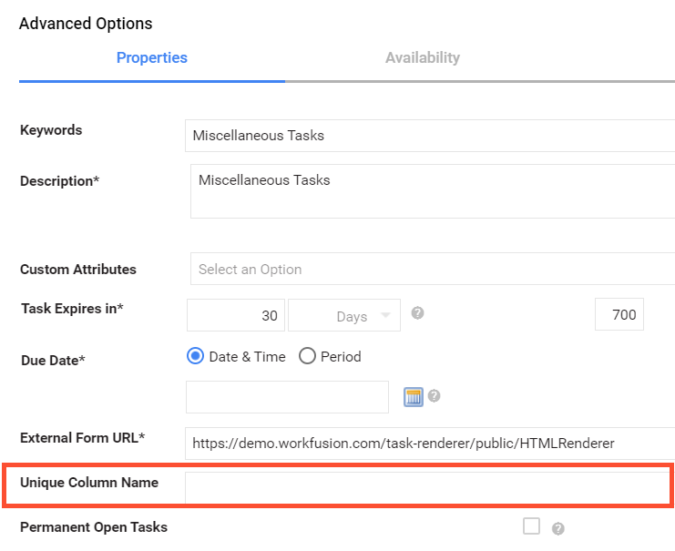 Advanced Options - Unique Column Name