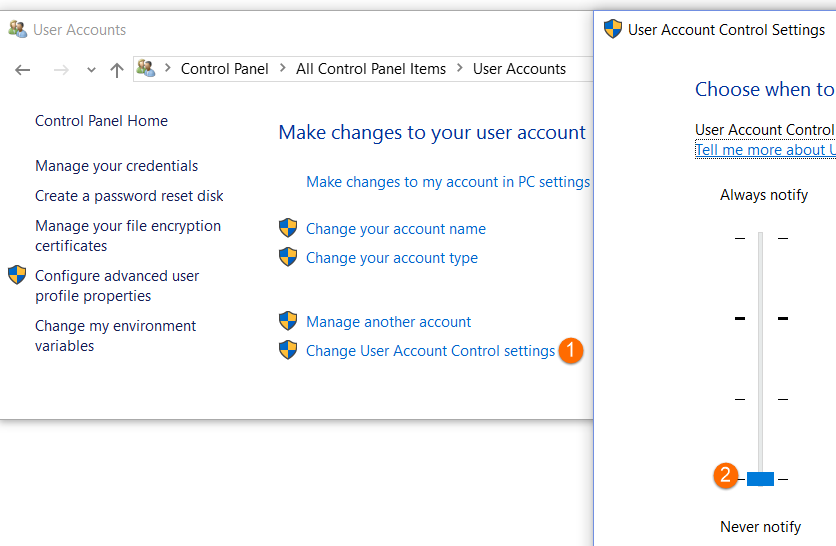 Account Control settings